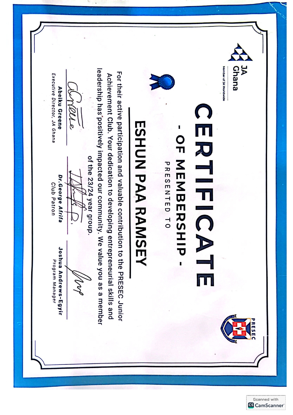 Most Influential SRC President Certificate